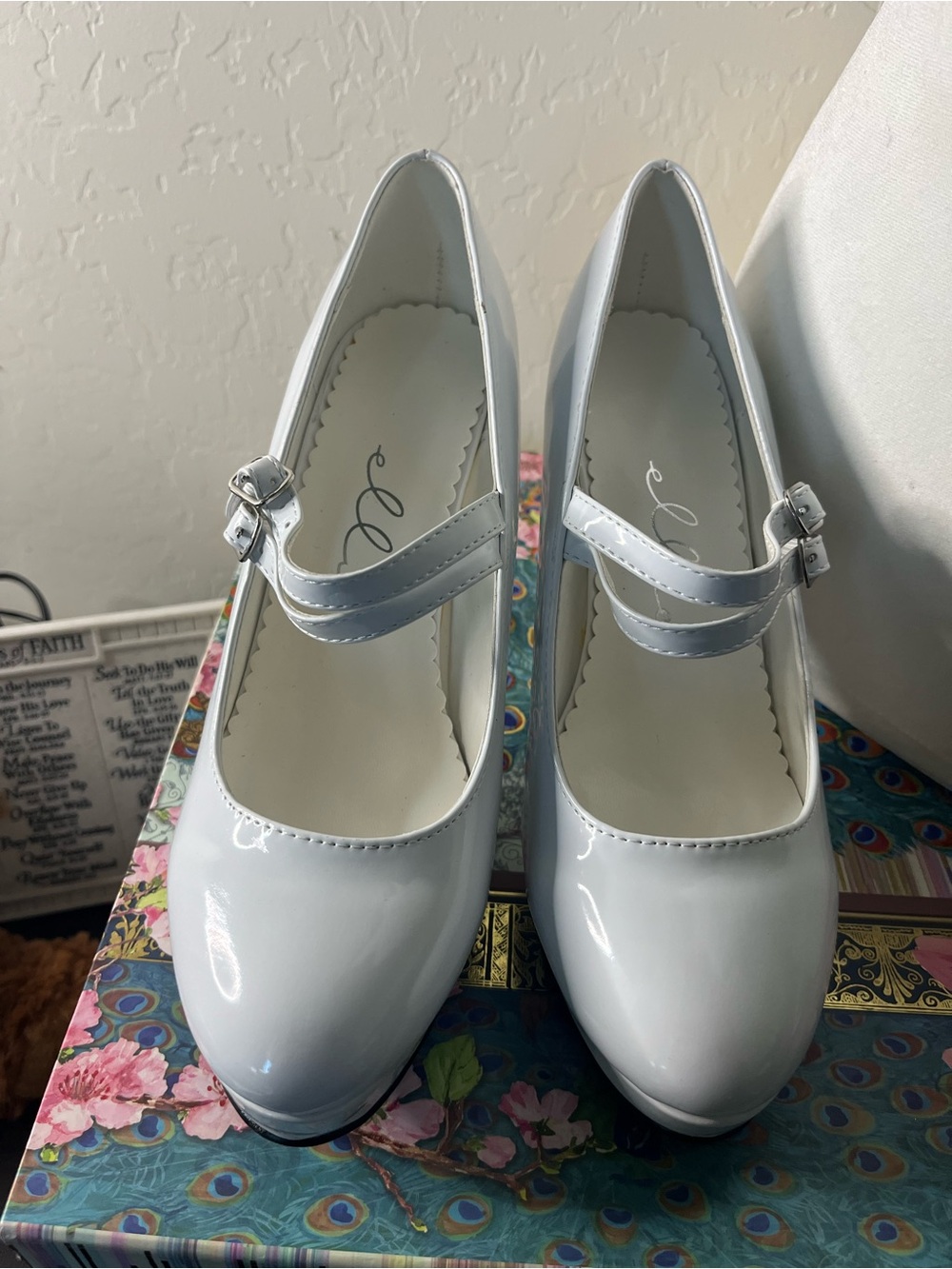White Patent Mary Jane Heels with Double Strap